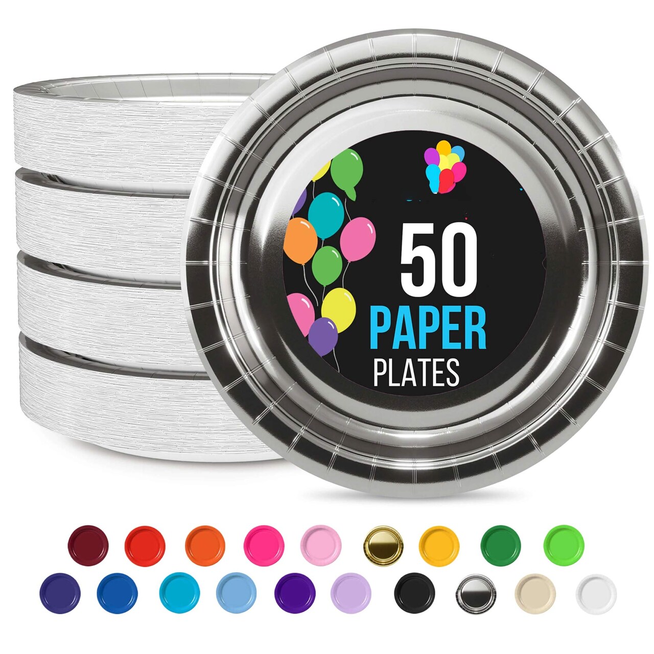 50 Count Reflective Silver Party Paper Plates for Elegant Events and Gatherings 7 Inch